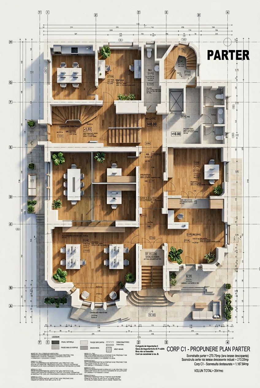 Rendered top-down view of the ground floor configured as office headquarters — showing desks, conference room, and workspaces