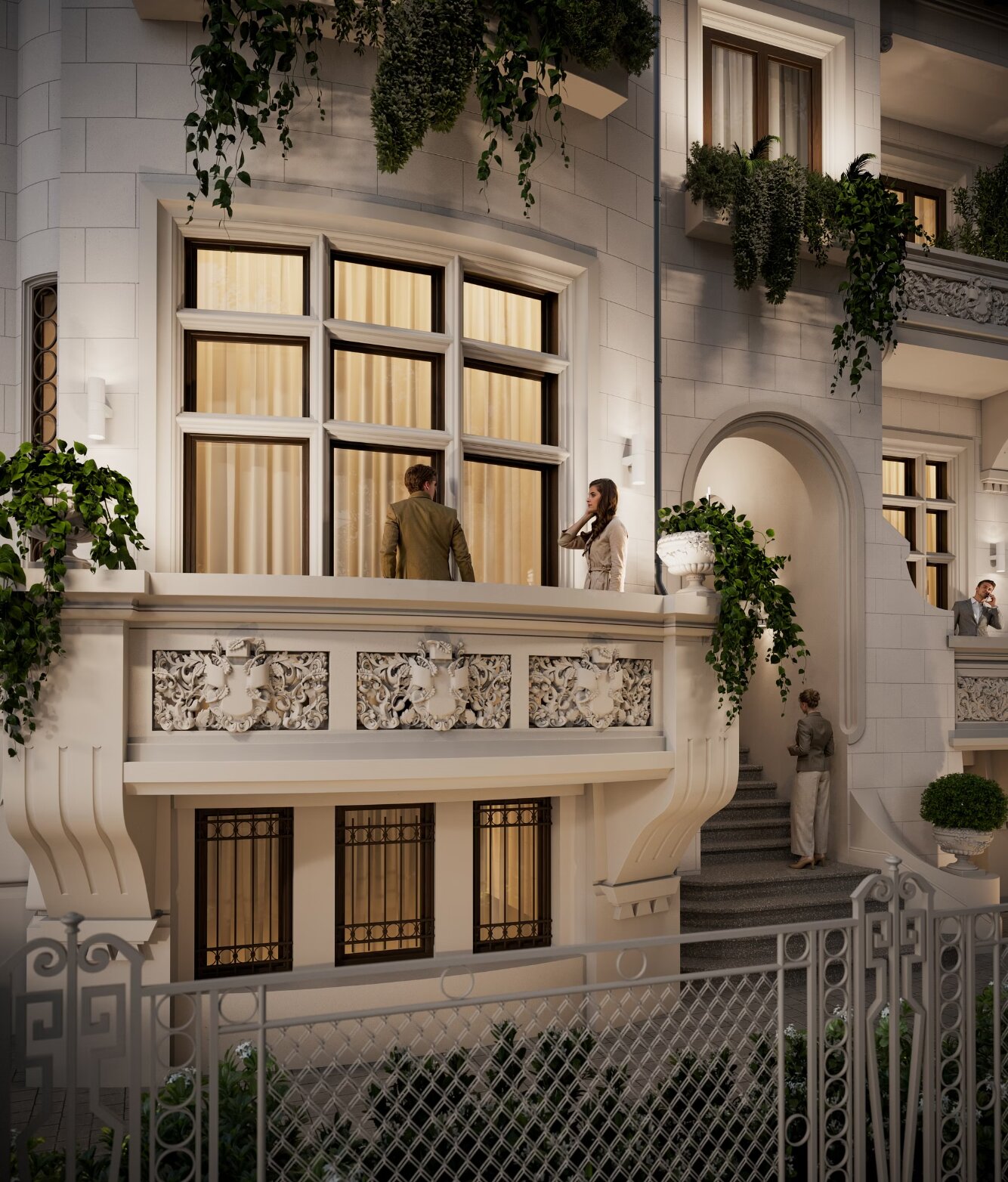 Close view of the restored balcony balustrade with carved stone reliefs and hanging greenery