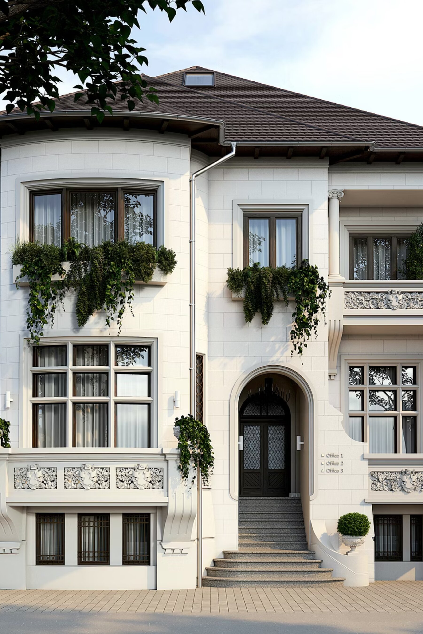 Detailed frontal view of Paris 39 — entrance arch, stone-carved balcony panels, and ornamental window surrounds