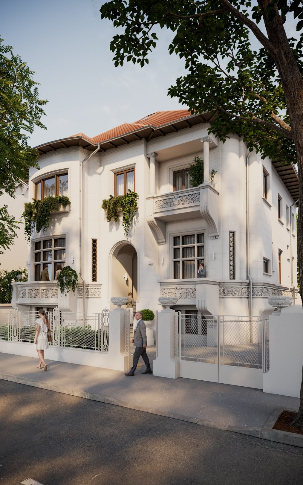 Street view of Paris 39 from an angle — showing the gate, the mature trees lining the street, and the villa behind
